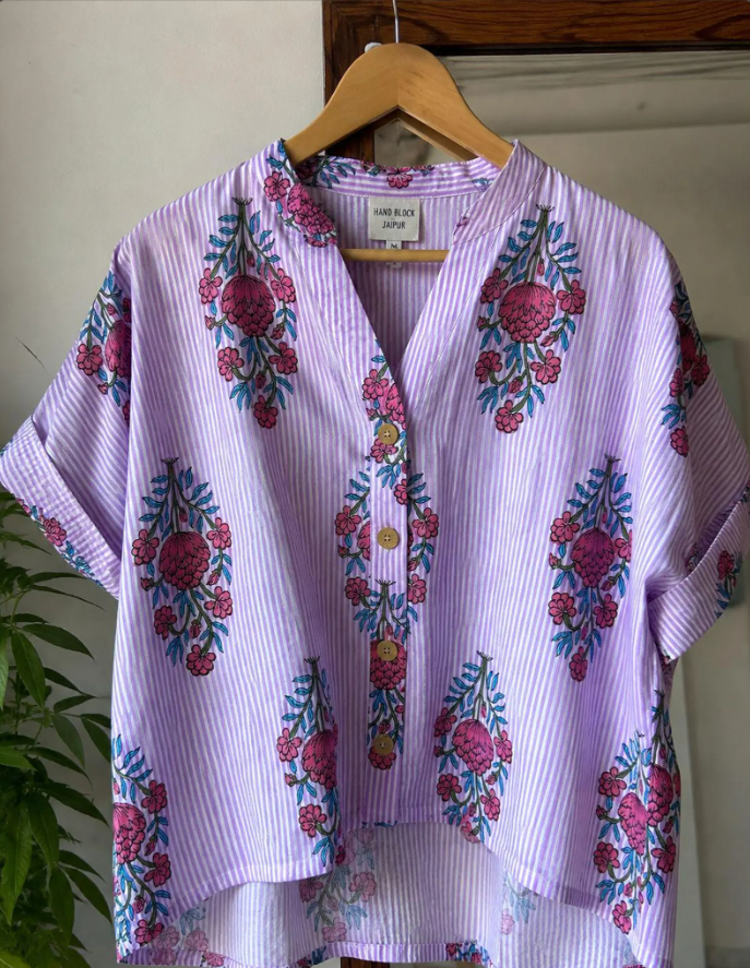Luxury Soft Cotton Indian Hand Block Print Cotton Shirt Purple Striped Floral Top Relaxed Fit Jaipur Blouse Summer Loose Button Down Tunic