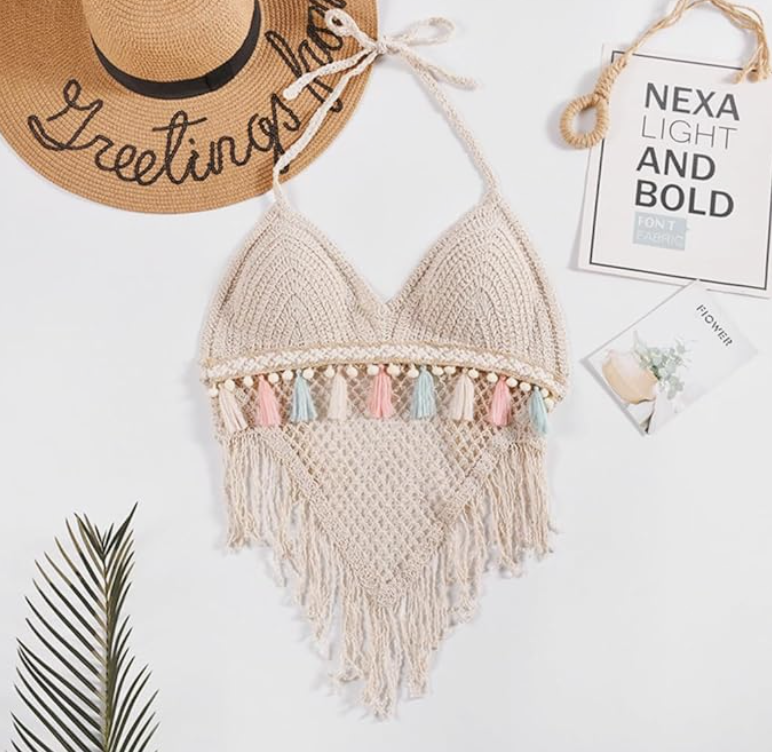 Women's Summer Crochet Granny Square Halter Tops Boho Sleeveless Backless Fringe Trim Cami Cover Up Tank Crop Top