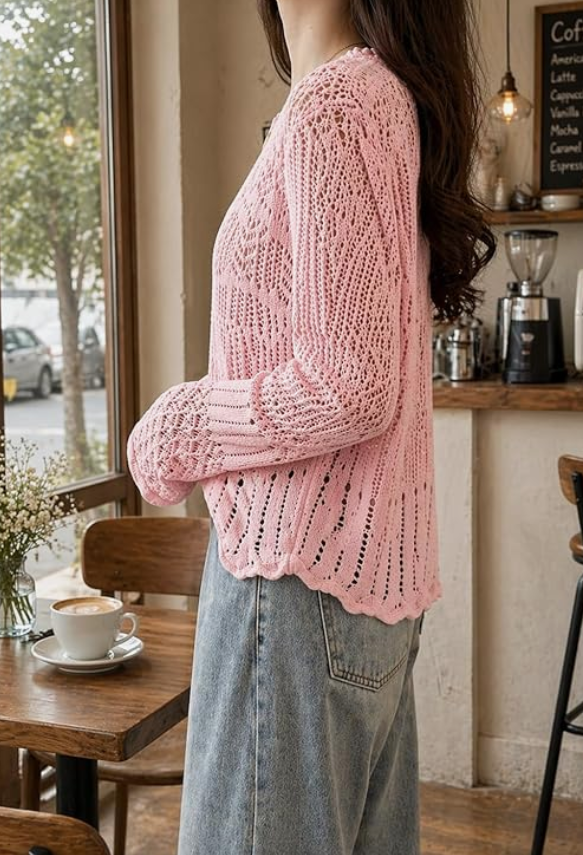 Women's Hollow Out Knit Top, Long Sleeve, Round Neck, Semi-Sheer Crochet Top