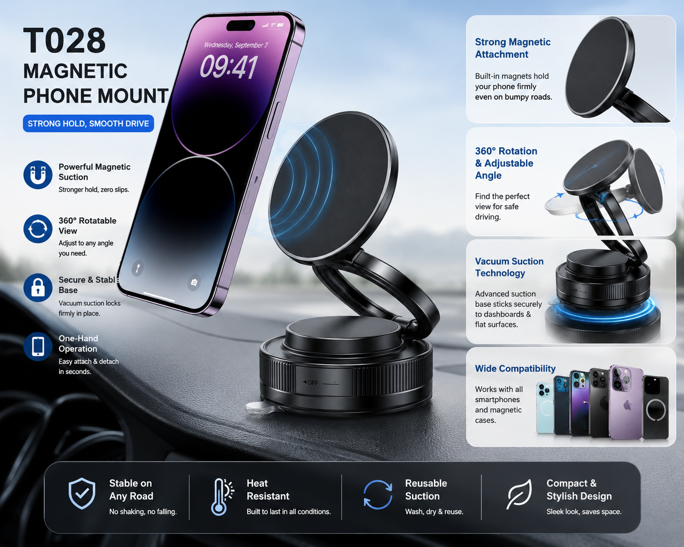 360° Magnetic Vacuum Suction Phone Mount for Car Dashboard & Windshield