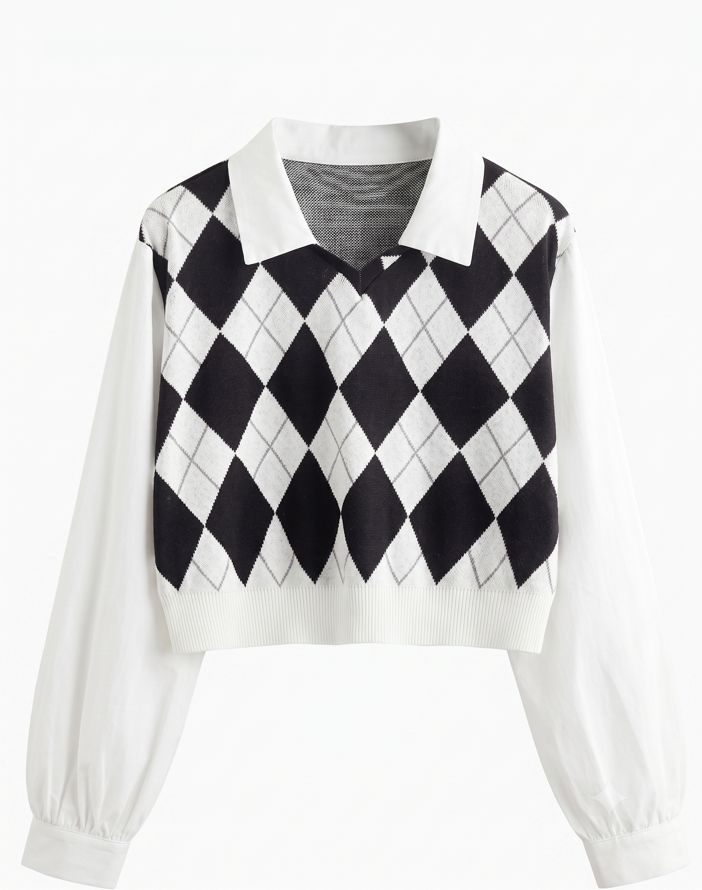 Women's Argyle Knit Layered Collar Top – Long Sleeve Casual Sweater