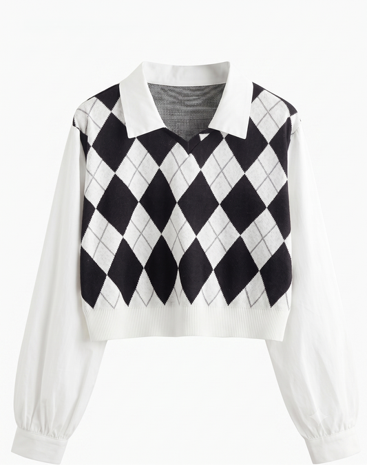 Women's Argyle Knit Layered Collar Top – Long Sleeve Casual Sweater