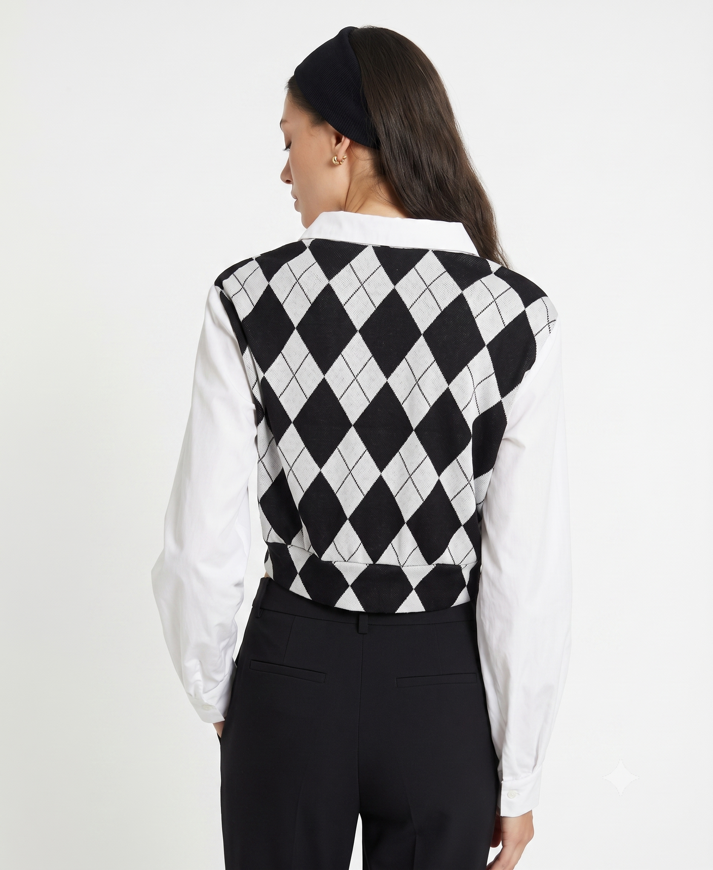 Women's Argyle Knit Layered Collar Top – Long Sleeve Casual Sweater