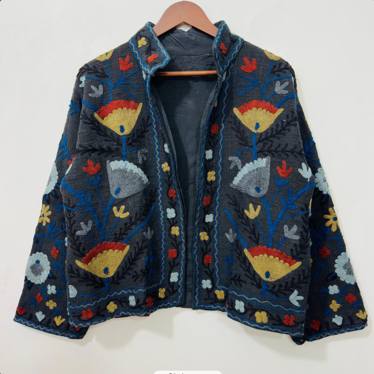 Handmade Suzani Kantha Boho Embroidered Cotton Jacket | Handmade Floral Coat