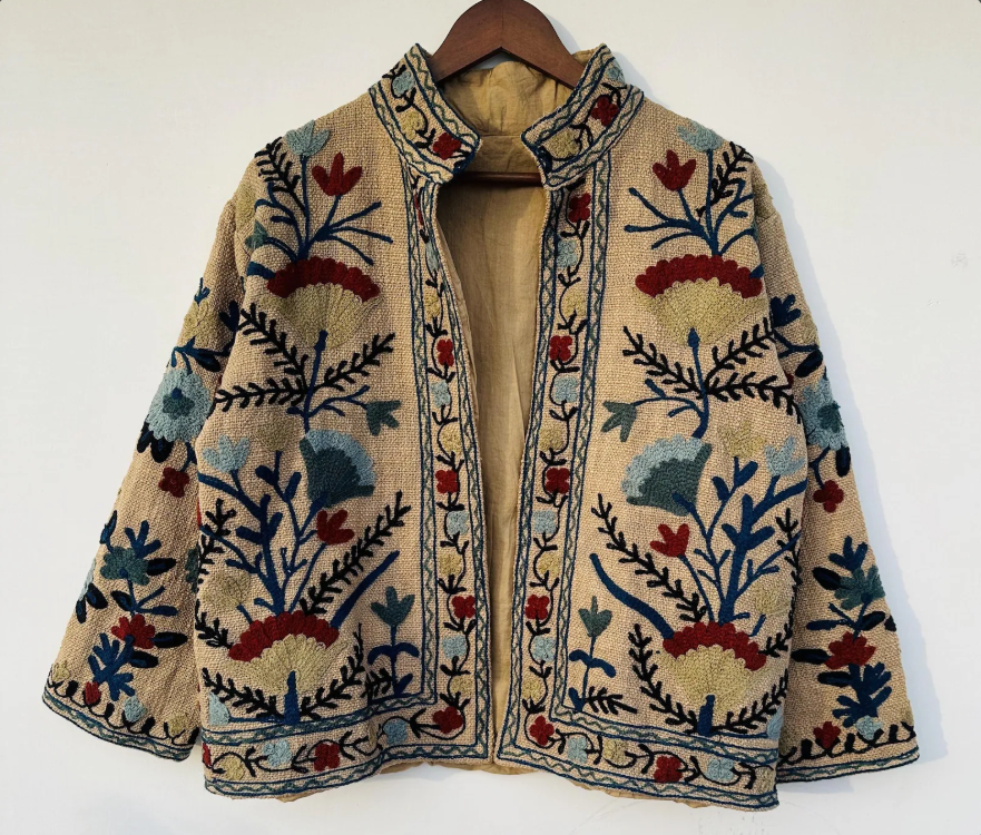 Handmade Suzani Kantha Boho Embroidered Cotton Jacket | Handmade Floral Coat