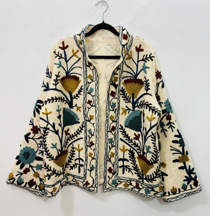 Handmade Suzani Kantha Boho Embroidered Cotton Jacket | Handmade Floral Coat