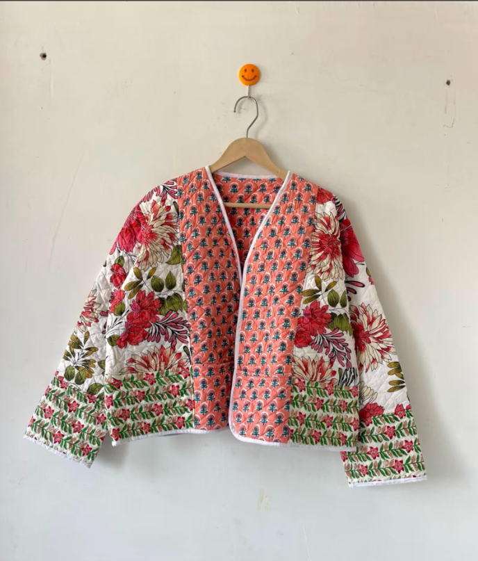 Handmade Reversible Quilted Indian Jacket: Boho Floral Print Cotton Coat,Women Wear New Style Coat,Partywear OR Gift For Her, Christmas Gift