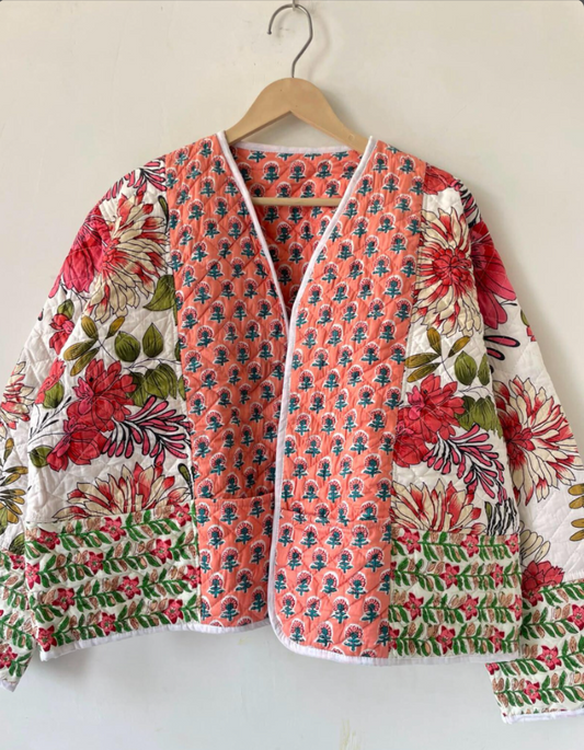 Handmade Reversible Quilted Indian Jacket: Boho Floral Print Cotton Coat,Women Wear New Style Coat,Partywear OR Gift For Her, Christmas Gift
