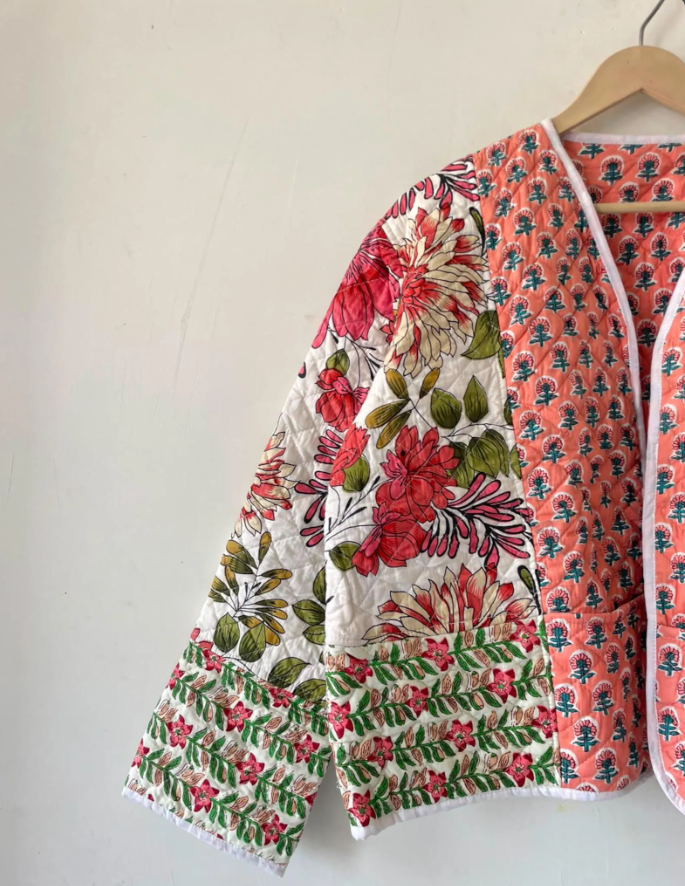 Handmade Reversible Quilted Indian Jacket: Boho Floral Print Cotton Coat,Women Wear New Style Coat,Partywear OR Gift For Her, Christmas Gift