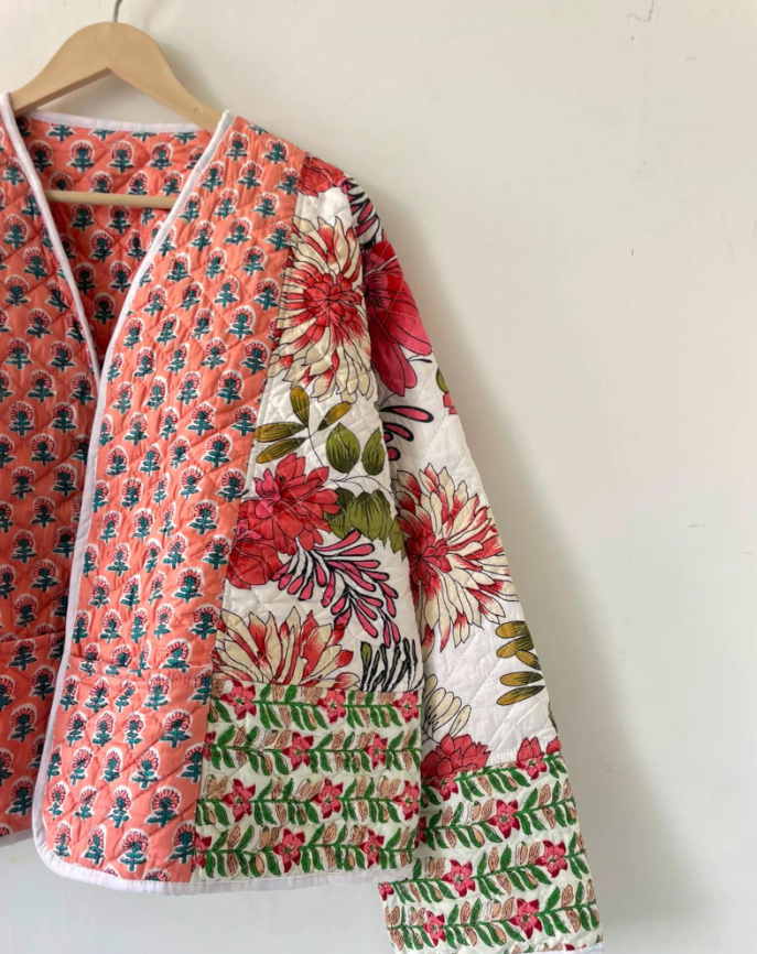 Handmade Reversible Quilted Indian Jacket: Boho Floral Print Cotton Coat,Women Wear New Style Coat,Partywear OR Gift For Her, Christmas Gift