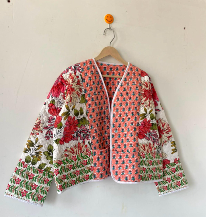 Handmade Reversible Quilted Indian Jacket: Boho Floral Print Cotton Coat,Women Wear New Style Coat,Partywear OR Gift For Her, Christmas Gift