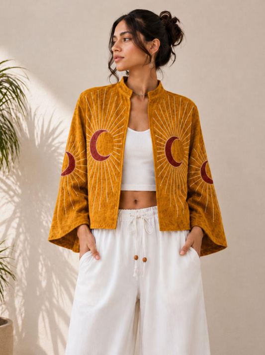 Moonburst Embroidered Velvet Jacket, Handmade Boho Moon Jacket, Celestial Embroidery Coat, Kimono Sleeve Jacket
