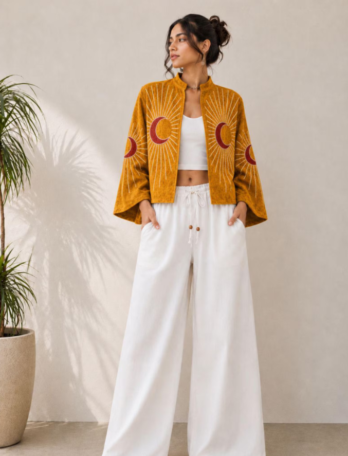 Moonburst Embroidered Velvet Jacket, Handmade Boho Moon Jacket, Celestial Embroidery Coat, Kimono Sleeve Jacket