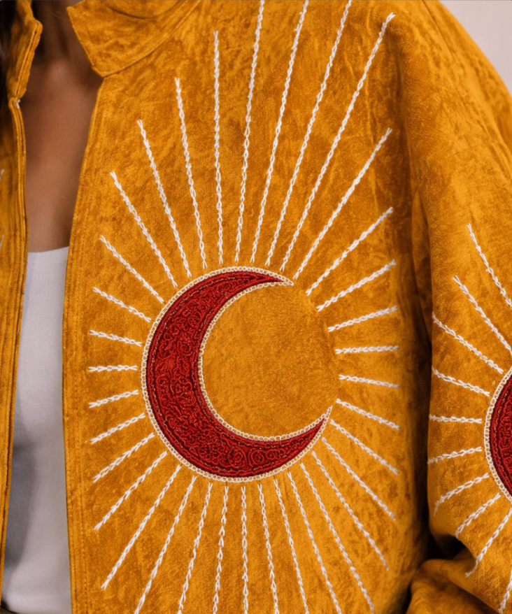 Moonburst Embroidered Velvet Jacket, Handmade Boho Moon Jacket, Celestial Embroidery Coat, Kimono Sleeve Jacket