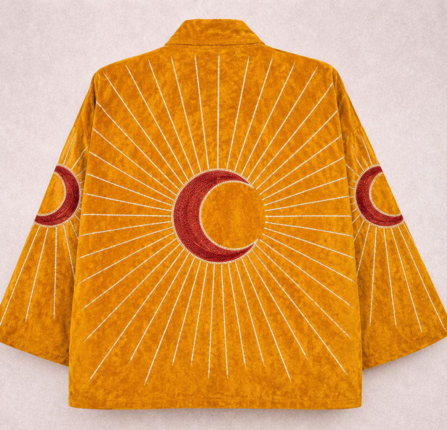 Moonburst Embroidered Velvet Jacket, Handmade Boho Moon Jacket, Celestial Embroidery Coat, Kimono Sleeve Jacket