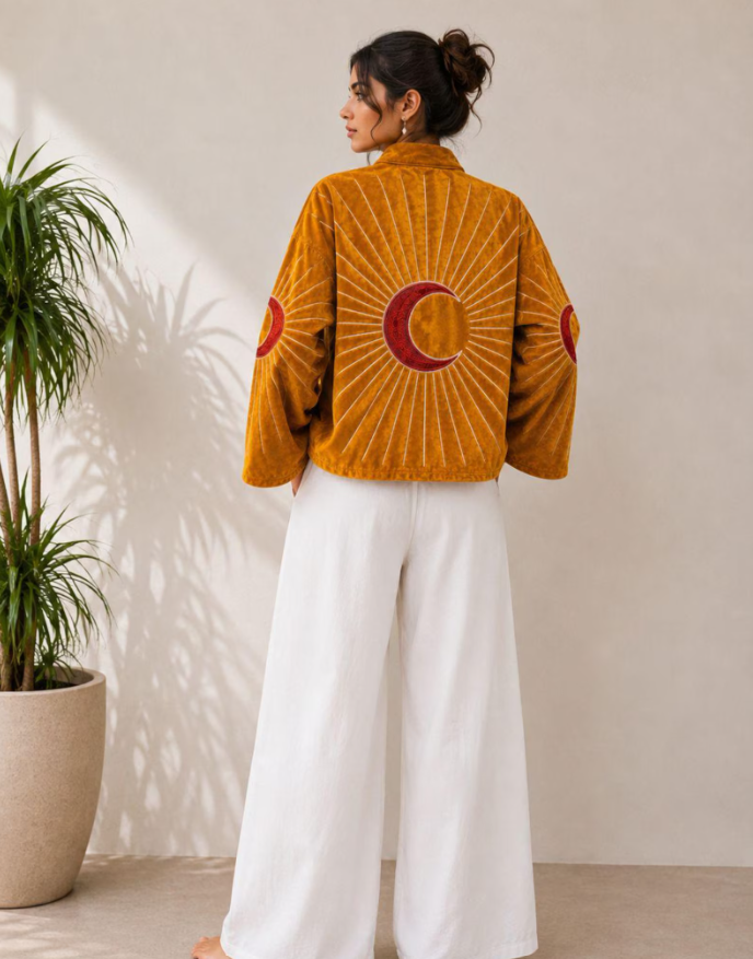 Moonburst Embroidered Velvet Jacket, Handmade Boho Moon Jacket, Celestial Embroidery Coat, Kimono Sleeve Jacket