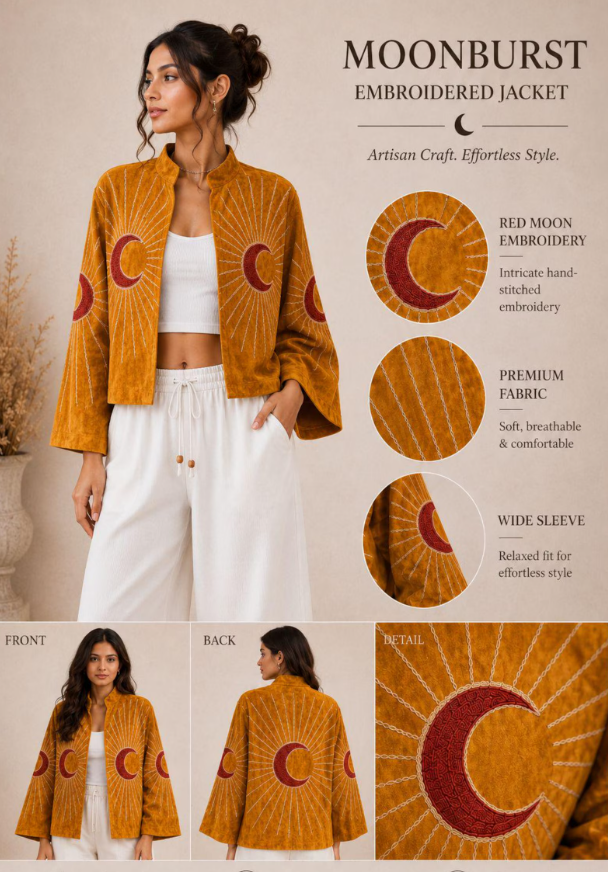 Moonburst Embroidered Velvet Jacket, Handmade Boho Moon Jacket, Celestial Embroidery Coat, Kimono Sleeve Jacket