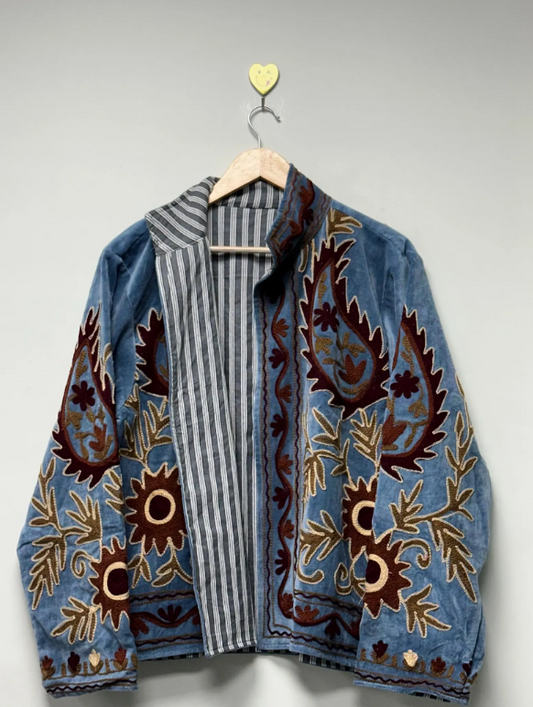 Handmade Velvet Suzani Jacket Women’s Winter Coat Traditional Embroidered Bohemian Outerwear Short Coat For Women Gifts