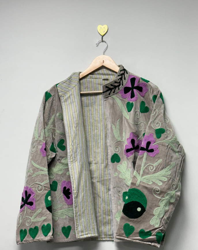 Love Embroidered Velvet suzani jacket Traditional Embroidered Bohemian Outerwear Short Coat Pure Velvet Floral Jacket For Women's