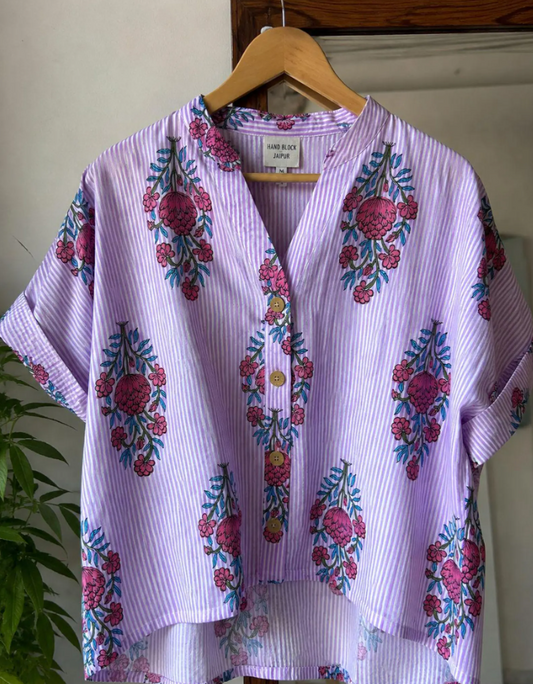 Luxury Soft Cotton Indian Hand Block Print Cotton Shirt Purple Striped Floral Top Relaxed Fit Jaipur Blouse Summer Loose Button Down Tunic