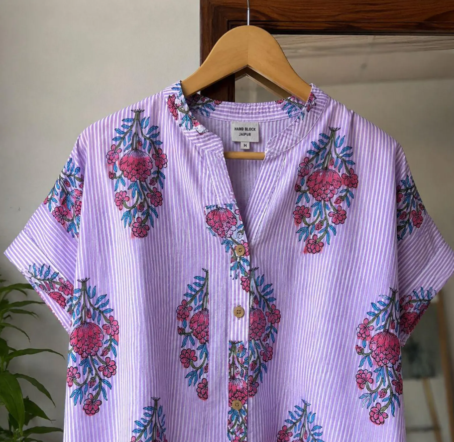 Luxury Soft Cotton Indian Hand Block Print Cotton Shirt Purple Striped Floral Top Relaxed Fit Jaipur Blouse Summer Loose Button Down Tunic