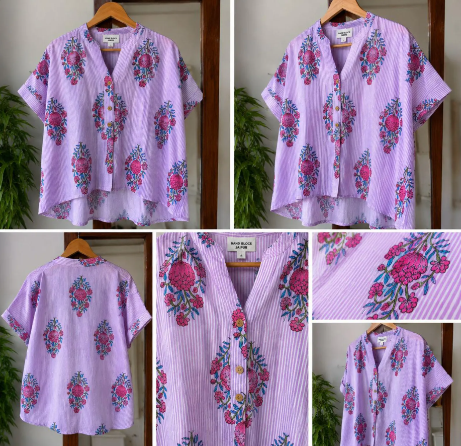 Luxury Soft Cotton Indian Hand Block Print Cotton Shirt Purple Striped Floral Top Relaxed Fit Jaipur Blouse Summer Loose Button Down Tunic