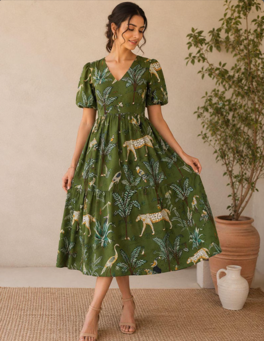 Safari Jungle Midi Dress, Green Botanical Animal Print Dress, Puff Sleeve Cottagecore Dress,Women’s Summer V-Neck Maxi Dress,Boho Chic Dress