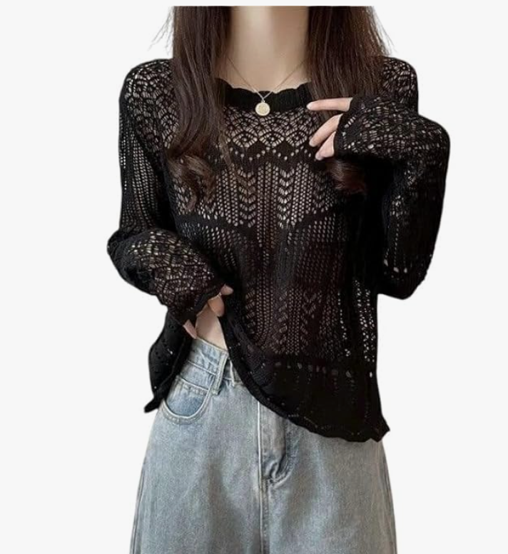Women's Hollow Out Knit Top, Long Sleeve, Round Neck, Semi-Sheer Crochet Top