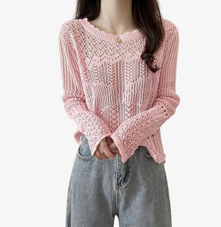 Women's Hollow Out Knit Top, Long Sleeve, Round Neck, Semi-Sheer Crochet Top