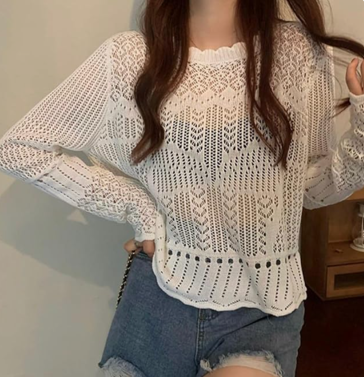 Women's Hollow Out Knit Top, Long Sleeve, Round Neck, Semi-Sheer Crochet Top