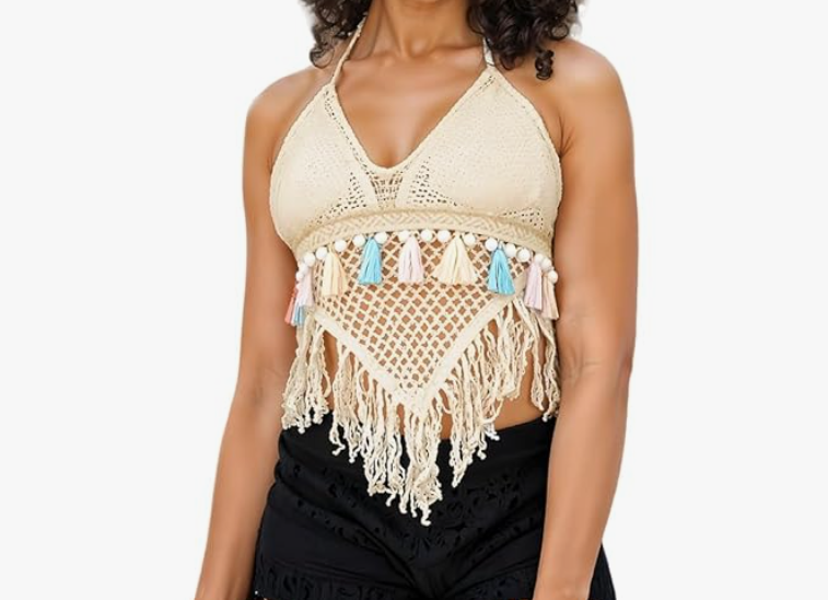 Women's Summer Crochet Granny Square Halter Tops Boho Sleeveless Backless Fringe Trim Cami Cover Up Tank Crop Top