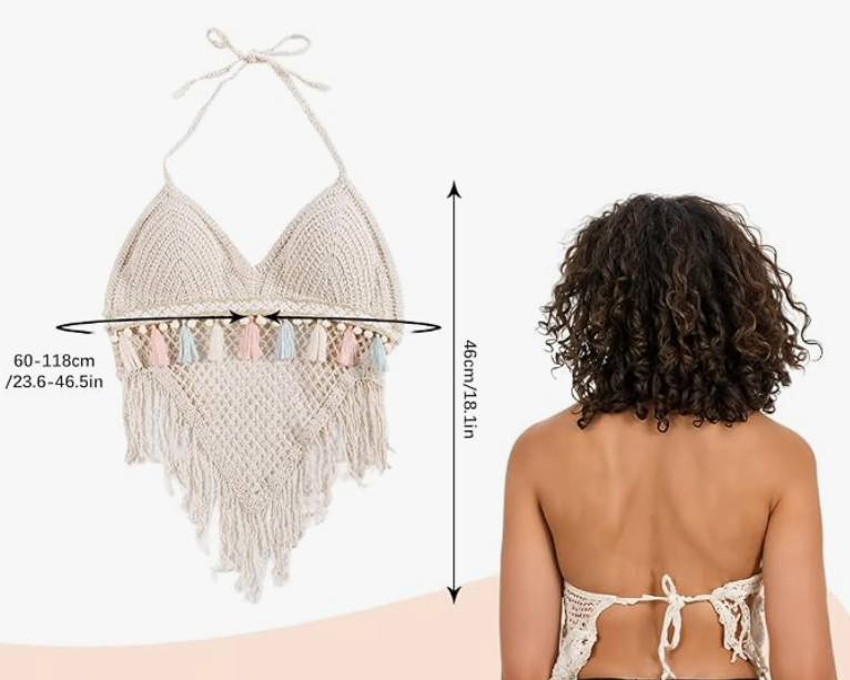 Women's Summer Crochet Granny Square Halter Tops Boho Sleeveless Backless Fringe Trim Cami Cover Up Tank Crop Top