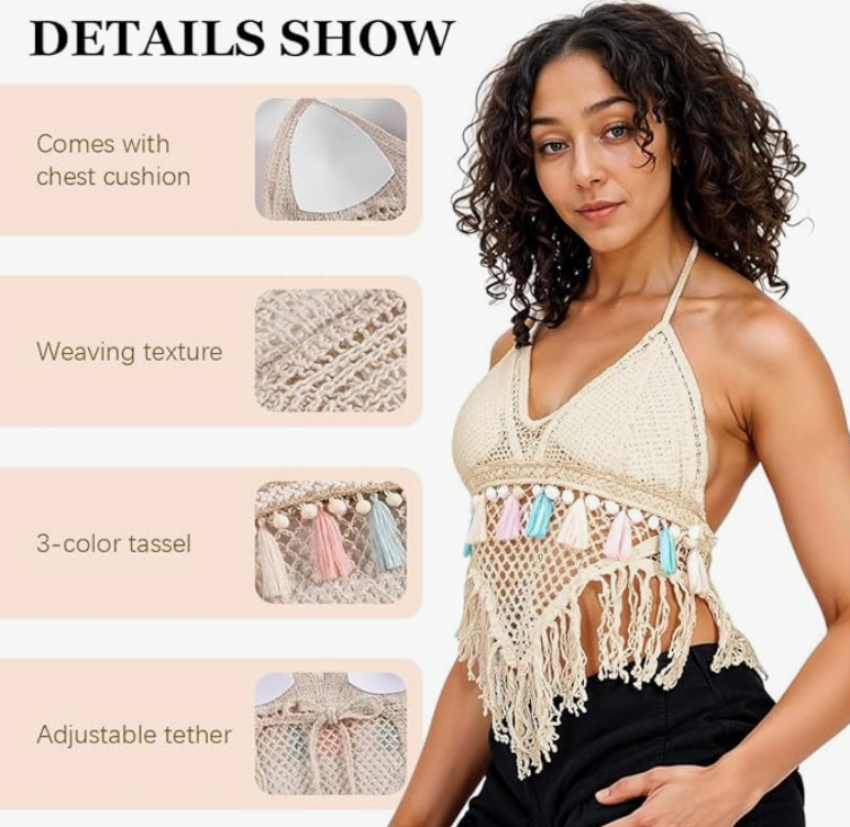 Women's Summer Crochet Granny Square Halter Tops Boho Sleeveless Backless Fringe Trim Cami Cover Up Tank Crop Top