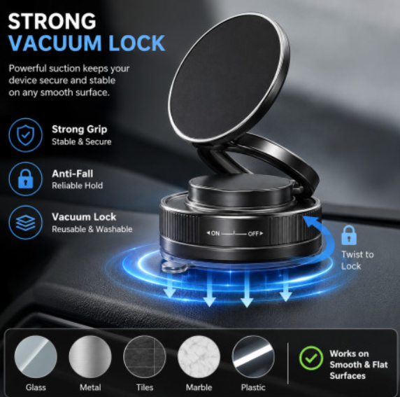 360° Magnetic Vacuum Suction Phone Mount for Car Dashboard & Windshield